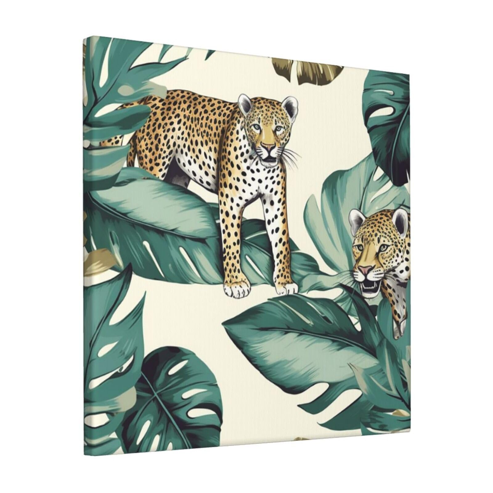 FodPand Leopard And Palm Leaves Canvas Wall Art for Living Room Wall Decor 12"x12" Modern Artwork Painting Pictures Hanging Canvas Prints Aesthetic Wall Art for Bedroom Bathroom Office Wallart Decor