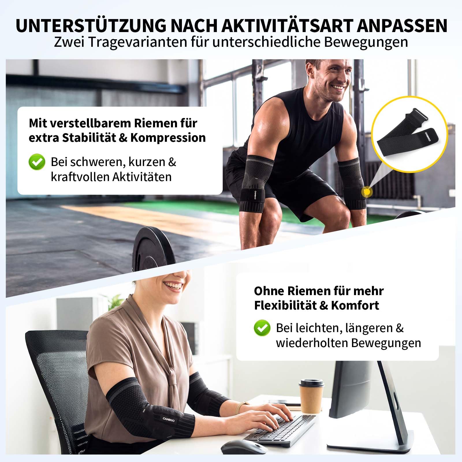 CAMBIVO Ellenbogenbandage mit Dual Silikonpolster für Tennisarm & Golferarm, Kompressions Arm Sleeve mit Verstellbarem Riemen, Bandage Ellenbogen Herren Damen für Sport & Schmerzlinderung
