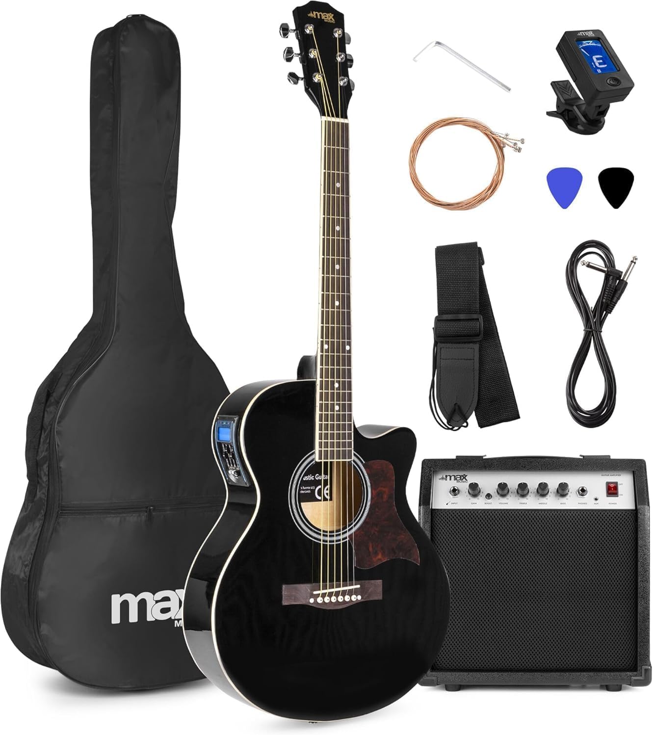 MAX ShowKit Elektro Akustik Gitarre Set mit Verstärker 40 Watt, Gitarrentasche, Gitarrenstimmgerät, Instrumentenkabel, Plektrum und E Akustikgitarre mit Tonabnehmer Schwarz