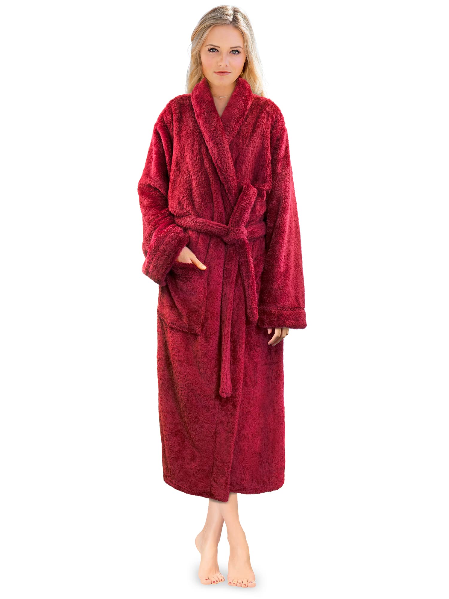PAVILIA Premium Womens Plush Soft Robe Fluffy, Warm, Fleece Sherpa Shaggy Bathrobe, Wine, S-M