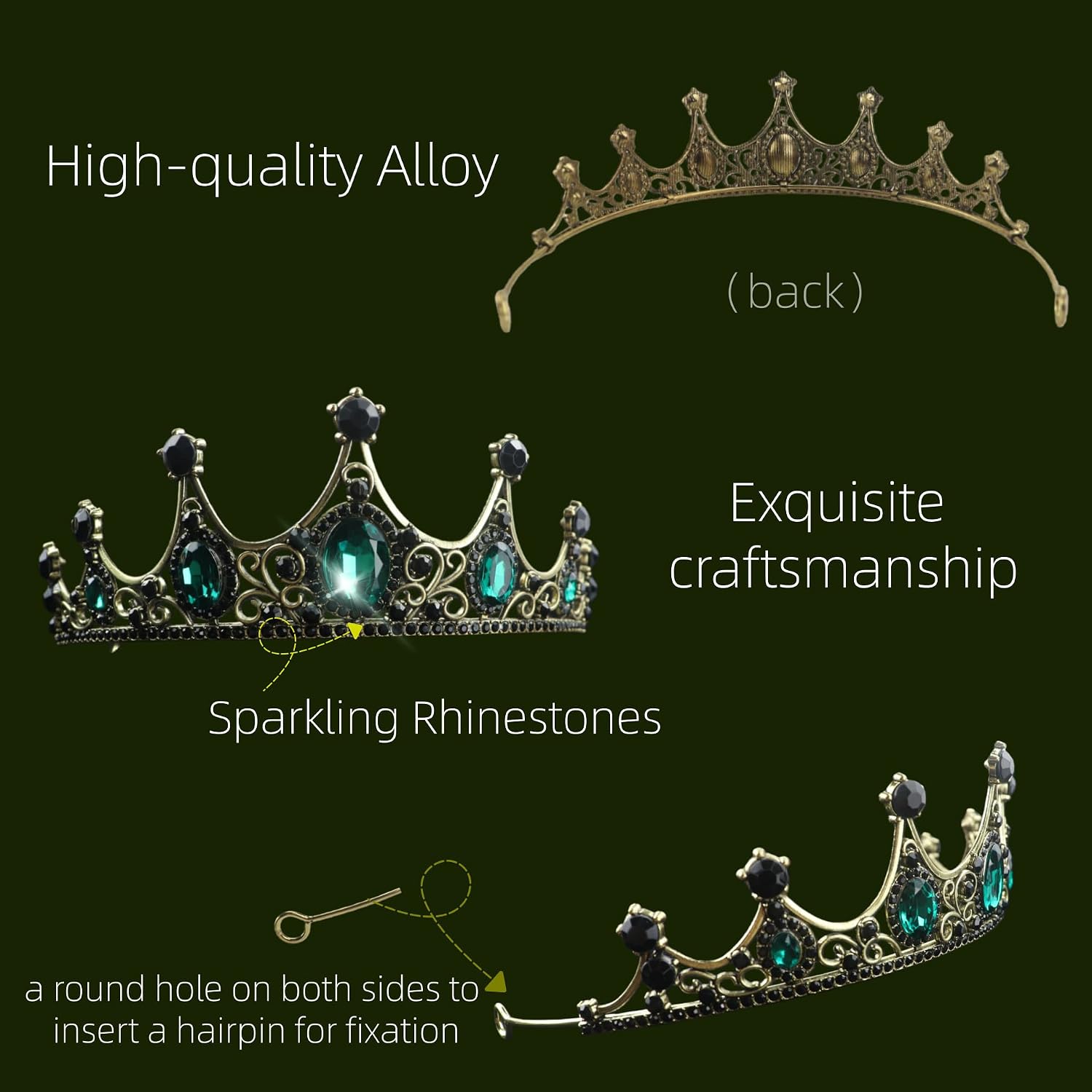 Vintage Green Rhinestone Crown Baroque Queen Tiara with Emerald Crystal, Gold Plated Alloy Headpiece for Bridal Wedding, Prom, Halloween, Pageant & Birthday Party