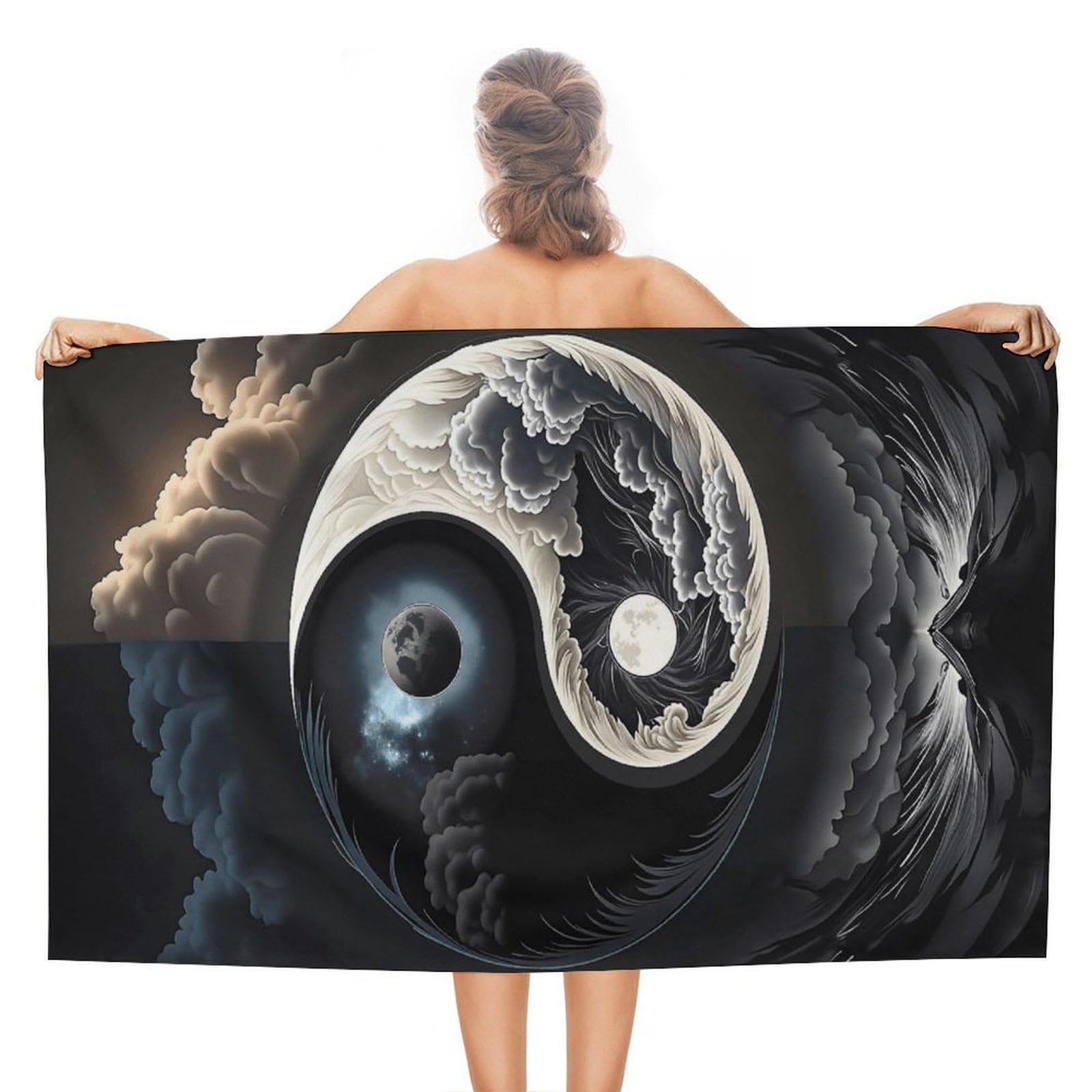 Anceky Yin Yang Clouds Moon Beach Towel Microfiber Soft Absorbent Oversized Large Bath Towel Blanket Thin Quick Dry for Adults Swimming Pool Yoga Gym Travel 51"X31"