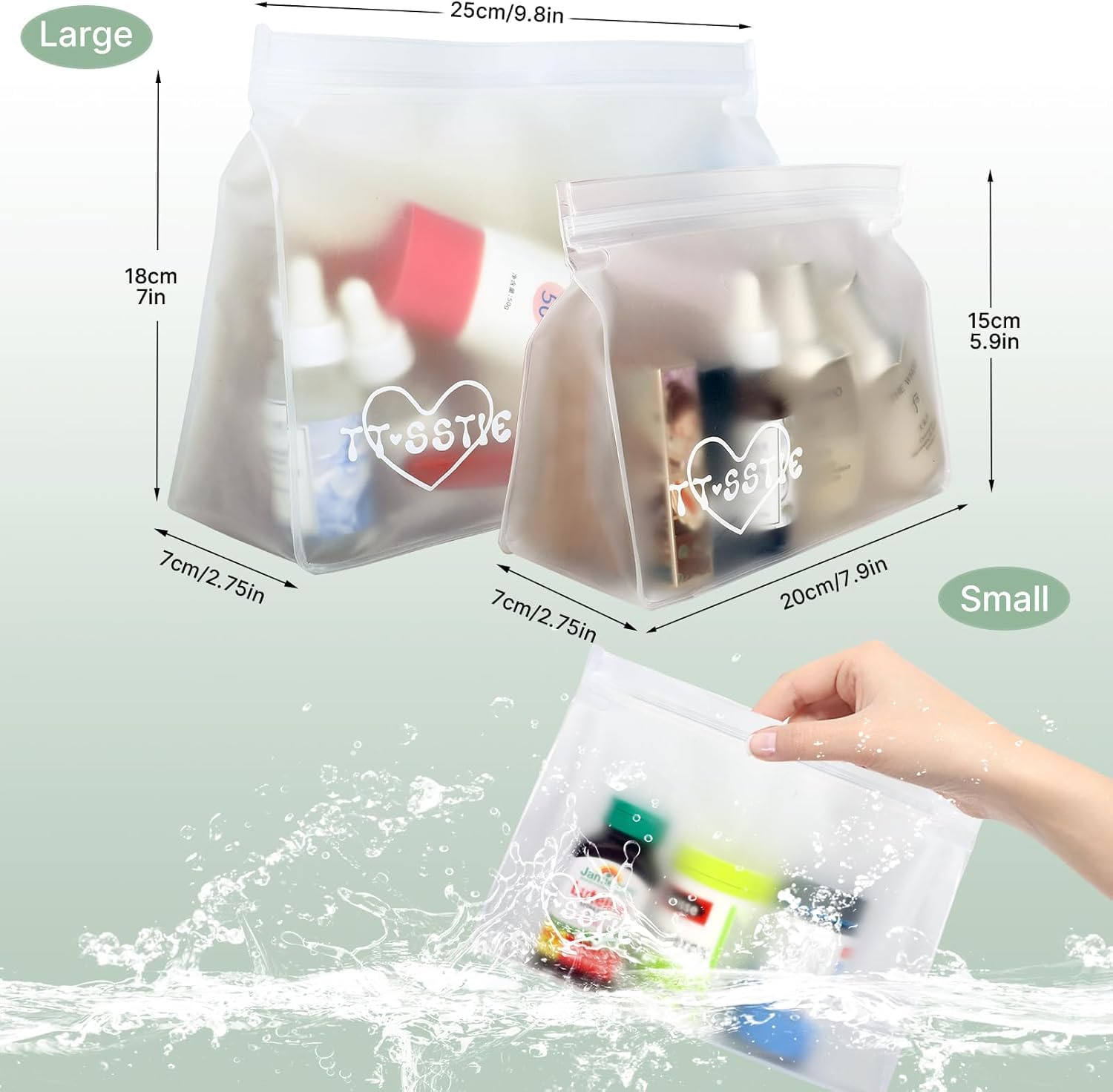 Bolsas de aseo transparentes, paquete de 5 bolsas de material PEVA a prueba de fugas, bolsas de cosméticos de maquillaje aprobadas para seguridad de viaje para mujeres y hombres (3 x 9.8