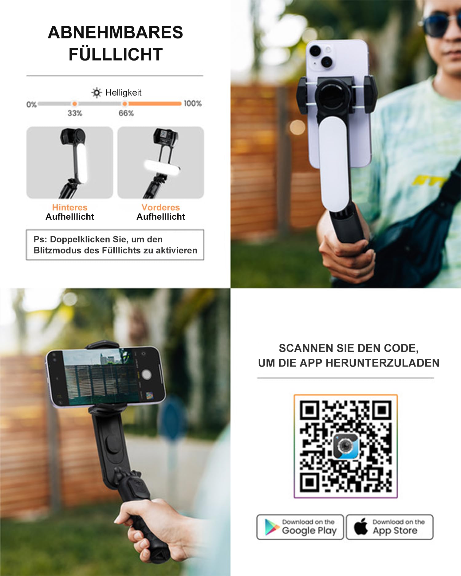 ESSAGER Stabilizzatore Smartphone Gimbal, Stabilizzatore con Luce di Riempimento Staccabile, Treppiede con Telecomando Wireless, Selfie Stick Gimbal Portatile per Video Vlog, Compatibile Android/IOS