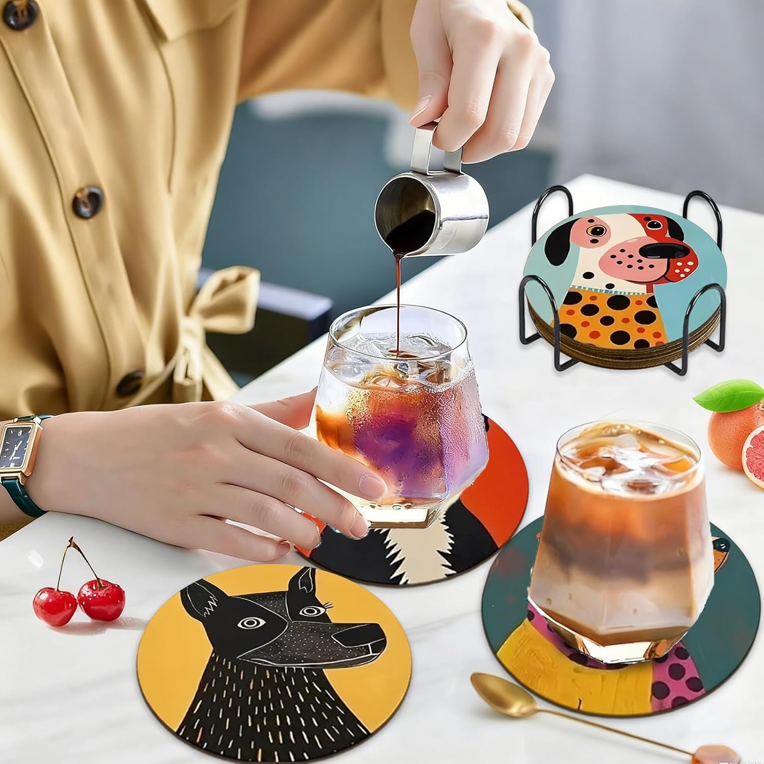 Set of 6 Wood Coasters with Holder,Funny Cute Dog Drink Cup Wooden Coasters for Table Protection Absorbent Cork Base Farmhouse Housewarming Gifts,Heat-Resistant - Image 7