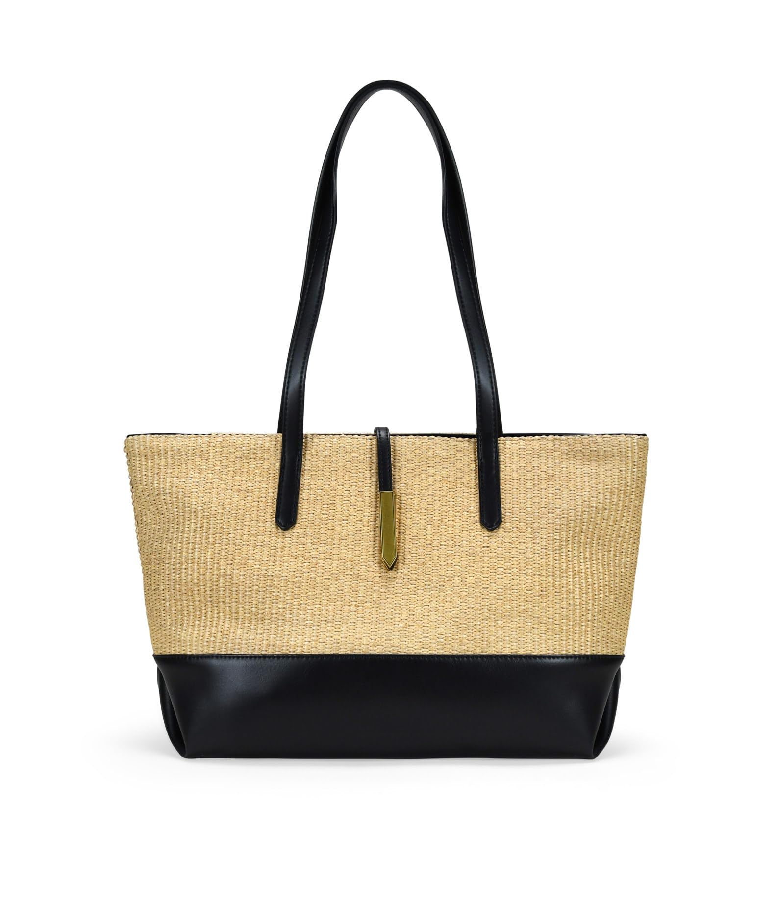 BOSANOVA Bolso de Hombro para Mujer en Rafia Beige con Detalles en Color Negro y pequeña Solapa con Pieza metálica. Asas de Colgar y Cierre con imán. Beige U