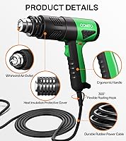 Vista 5 de Pistola de calor industrial de 1800 W, calentamiento rápido, control de temperatura variable de 122 ℉ a 1202 ℉, protección contra