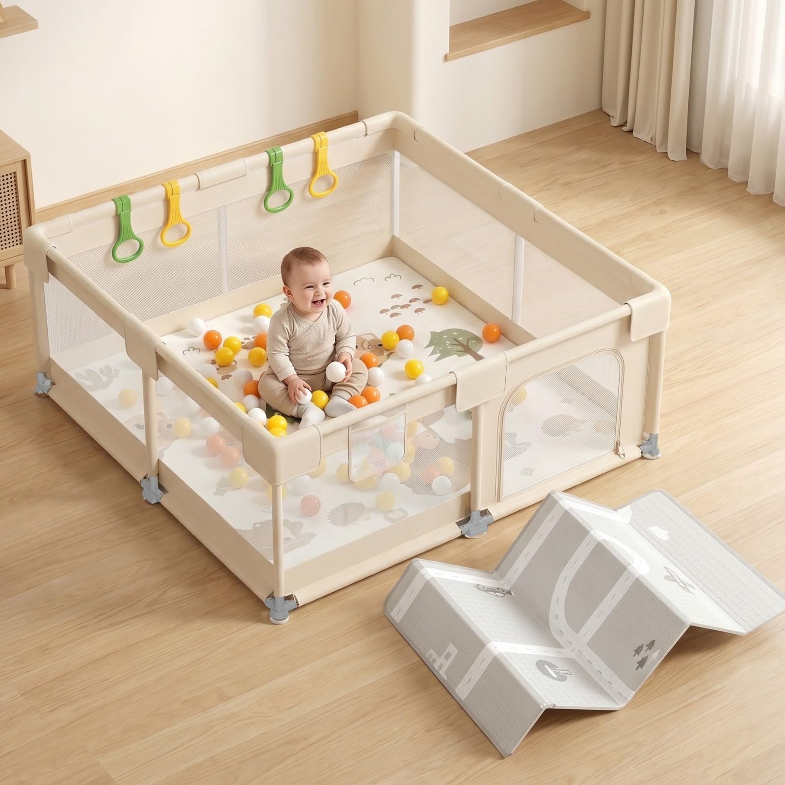 Beige Parque Infantil Bebe con Alfombra - 150x150cm Corralito Bebe | Tela Oxford resistente, malla transpirable 360°, estructura estable, ventosas potentes y 4 anillas