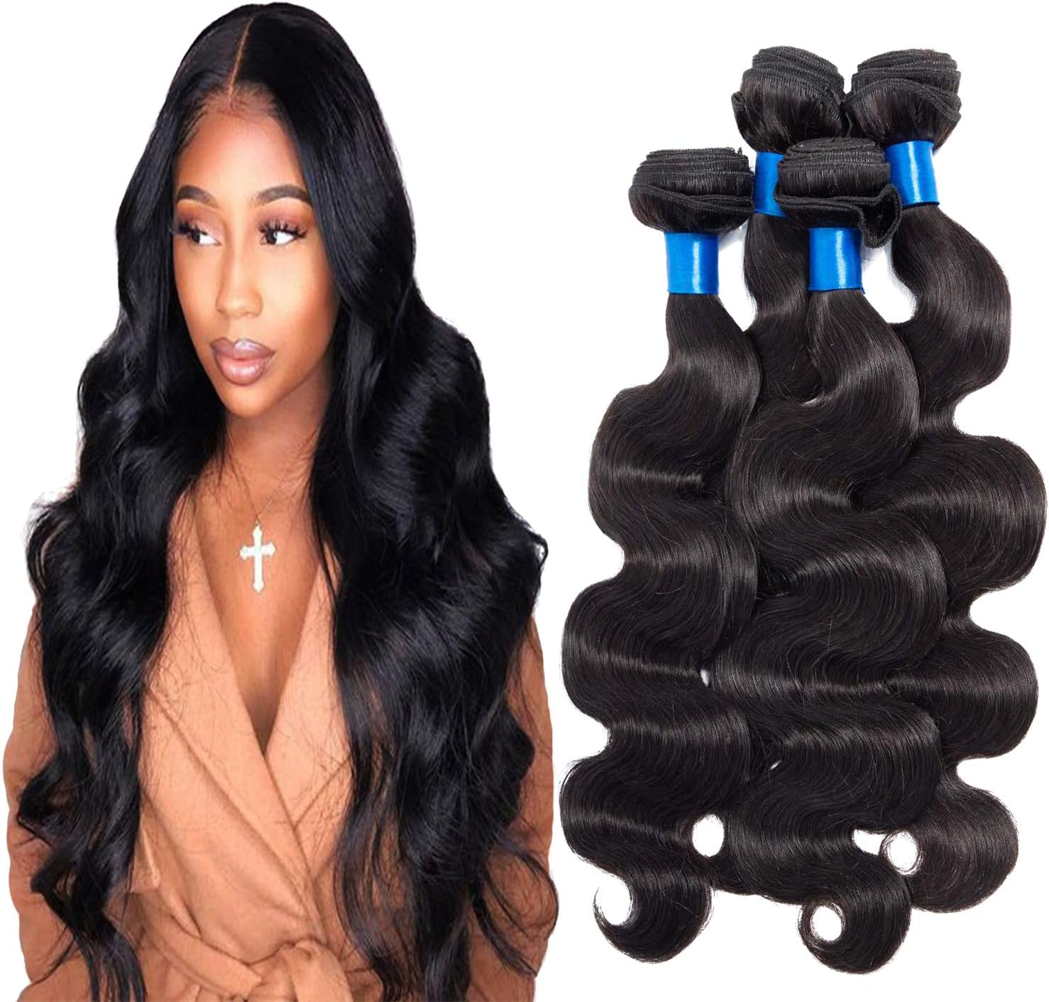 INNATE CHARIS Brazilian Human Hair Extensions 4 Bundles of Hair 100% Unprocessed Virgin Body Wave Curly Hair Nature Black Size 22" 24" 26" 28"