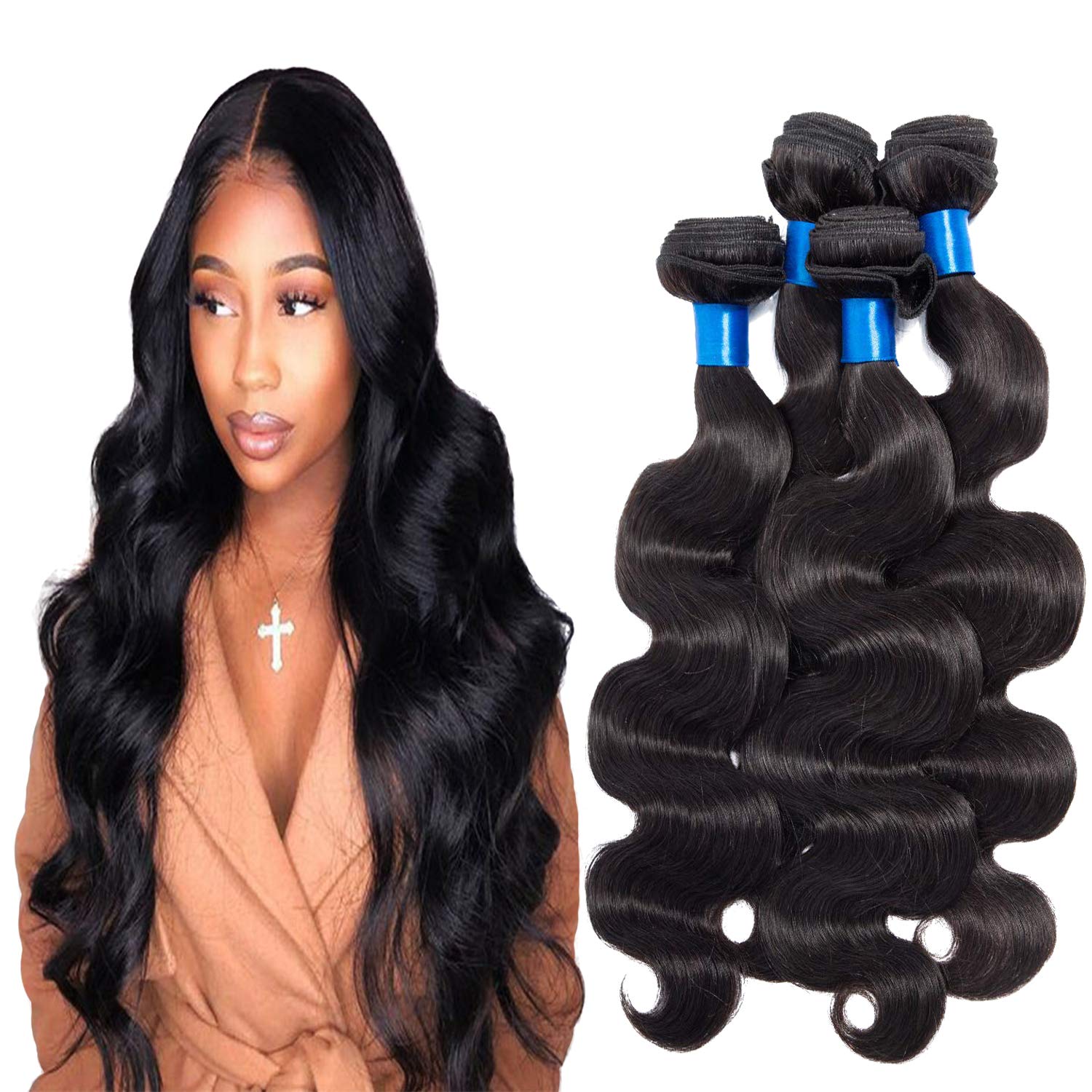 INNATE CHARIS Brazilian Human Hair Extensions 4 Bundles of Hair 100% Unprocessed Virgin Body Wave Curly Hair Nature Black Size 22" 24" 26" 28"
