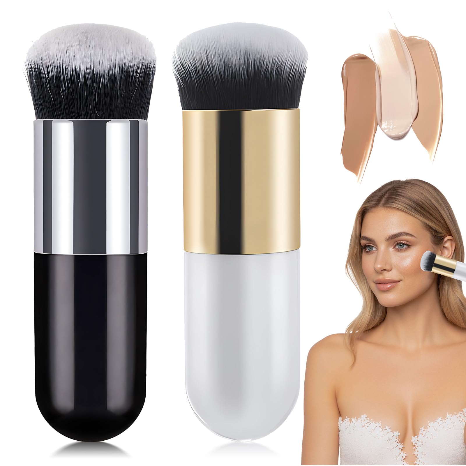 2 Stück foundation Pinsel,Tragbarer Reise Lippenpinsel,Premium Flachkopf Kabuki Make,Geeignet für Flüssige, Cremige und Pudrige Grundierungen (Weißgold Und Schwarzsilber)