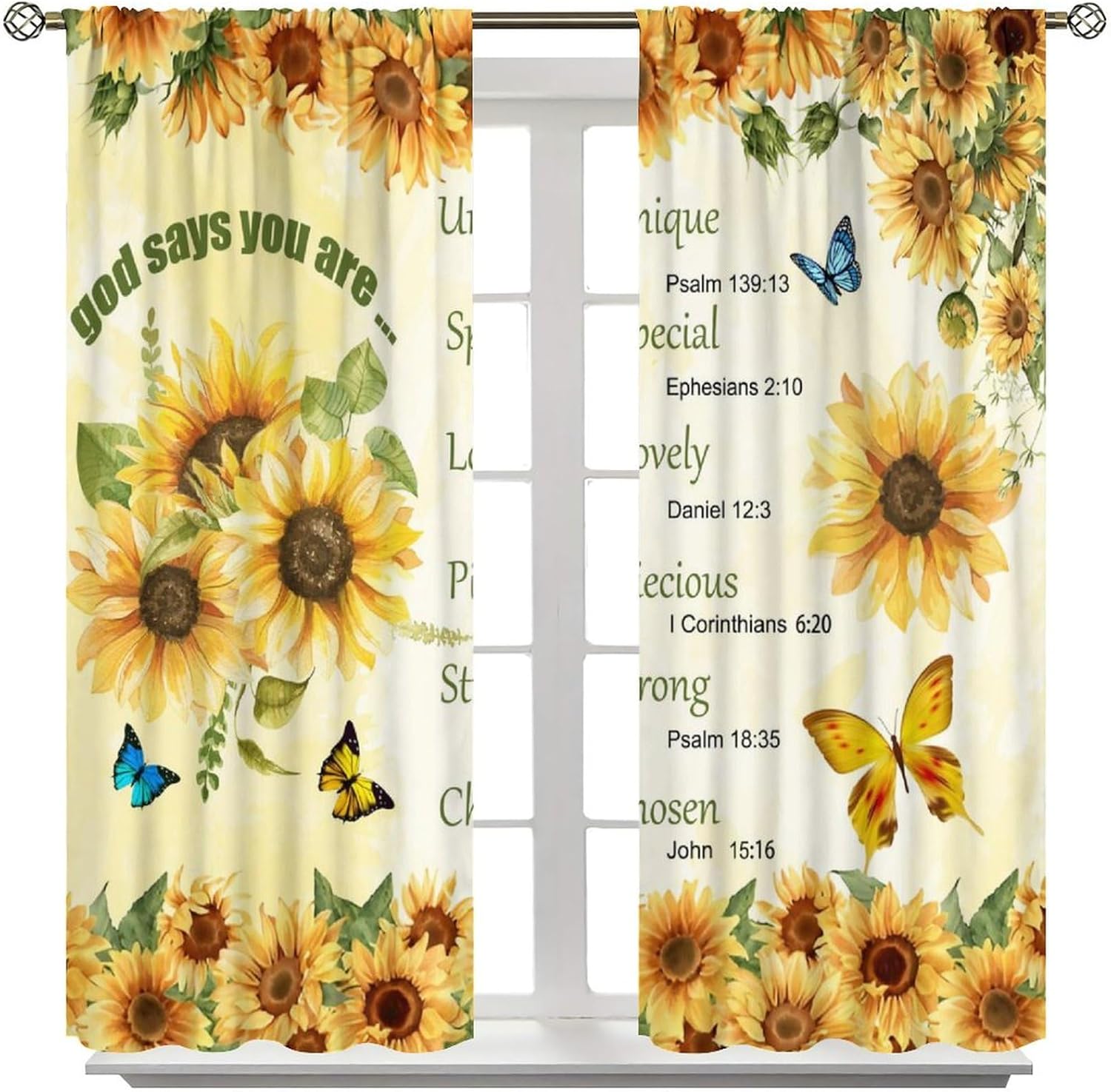 Sunflower Window Curtains, Yellow Floral Butterfly Encouraging Bible Verse Summer Window Treatments for Bedroom Living Room Kitchen Dinning Room Drapes, 72x63 Inch