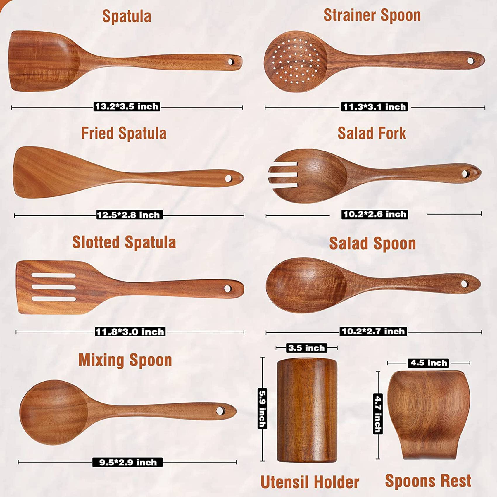 36 Cucharas de Madera para Cocinar, Utensilios de Madera para Cocinar con Soporte para Utensilios, Juego de Utensilios de Cocina de Madera de Teca