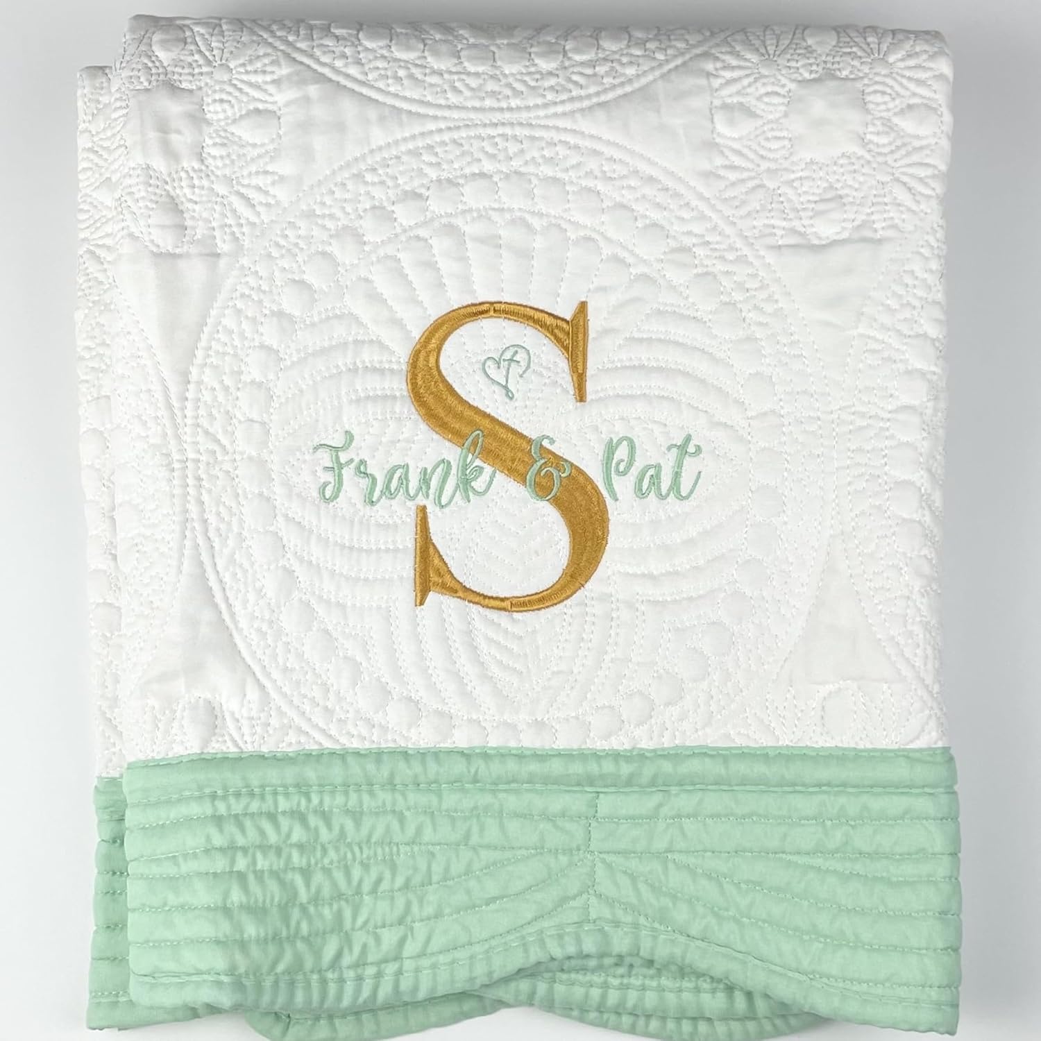 Custom Embroidered Heirloom Quilt Blanket – Personalized Name(s), Initial, Date, Heart, Cross (Included & Optional) Monogrammed Throw, Wedding, Anniversary, Baptism, Grads, 6 Border Colors, 2 Sizes