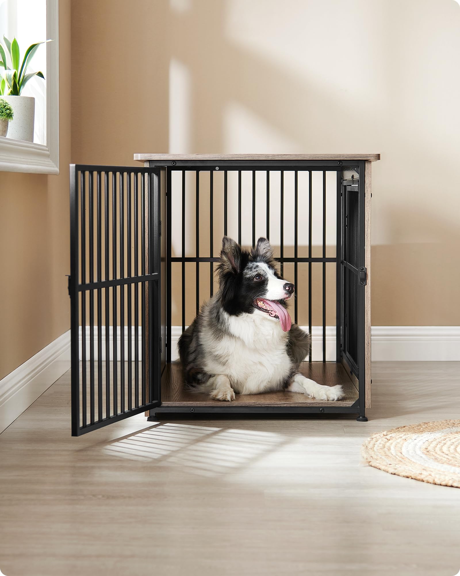 Feandrea Mobile Gabbia per Cani, Gabbia Moderna da Interno con Base Chiusa, 2 Porte, L, per Cani fino a 32 kg, Husky, Border Collie, Shiba Inu, American Bully, Greige Melange PFC023G01