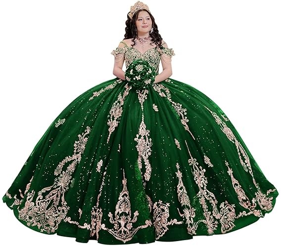 KPDFIF Gold Applique Quinceanera Dresses with Big Bow Sparkly Beaded Sweet 16 Dresses Off Shoulder Ball Gown with Tassel