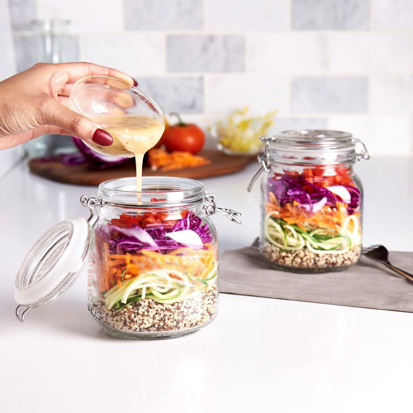 4 Glass Food Storage Jars with Airtight Lids + Chalkboard & Marker, Kitchen Canisters for Flour, Sugar, Coffee, Cereal, Pasta, Canning, Cookie Jar with Clamp Lid, Square Mason Jars 2-78oz, 2-34oz - Image 7