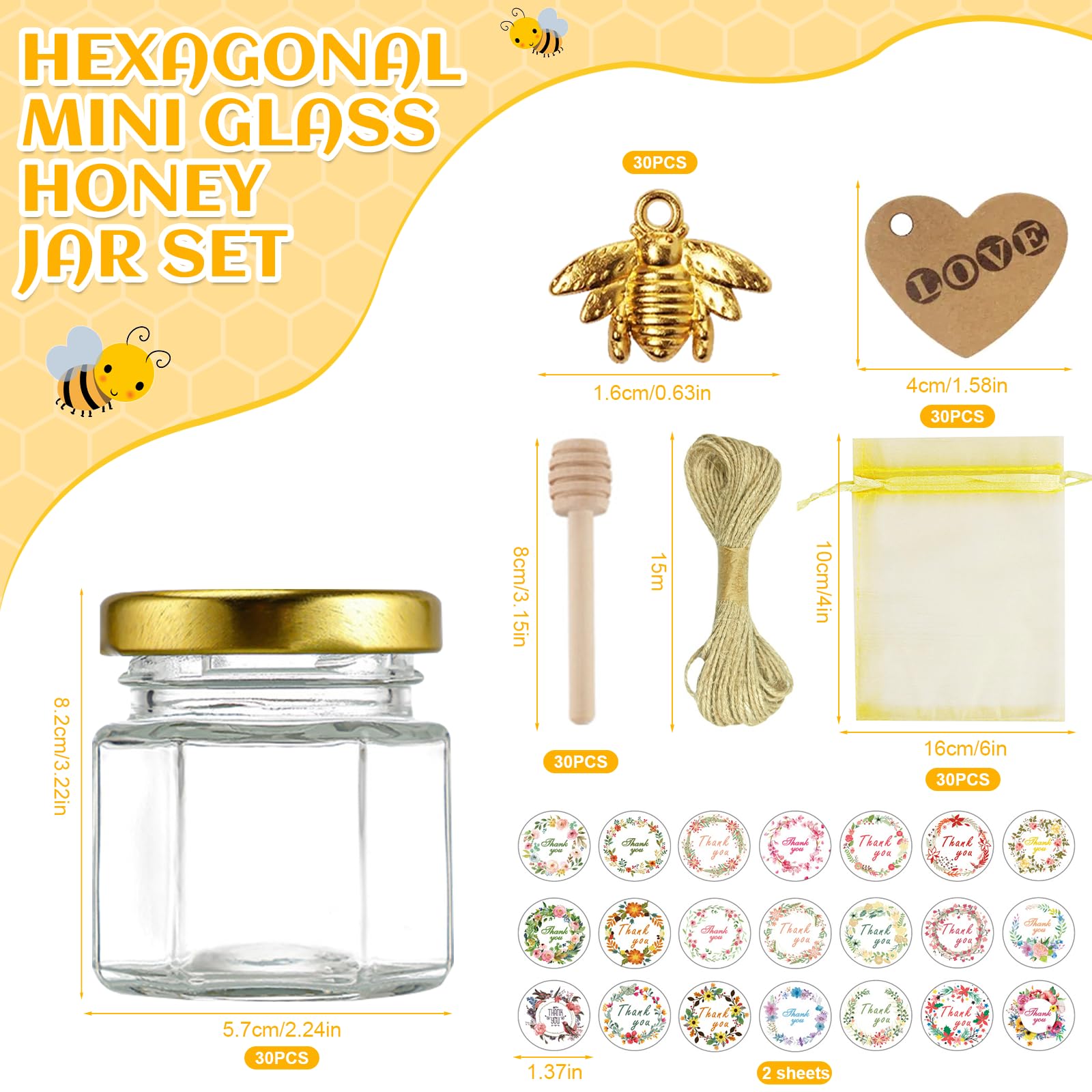 30 pièces de Pots à Miel Verre,Mini Pots À Miel En Verre Hexagonaux de 45 ml avec couvercle à vis,pot miel en verre hexagonal,couvercles dorés,pendentifs abeilles,sacs en gaze