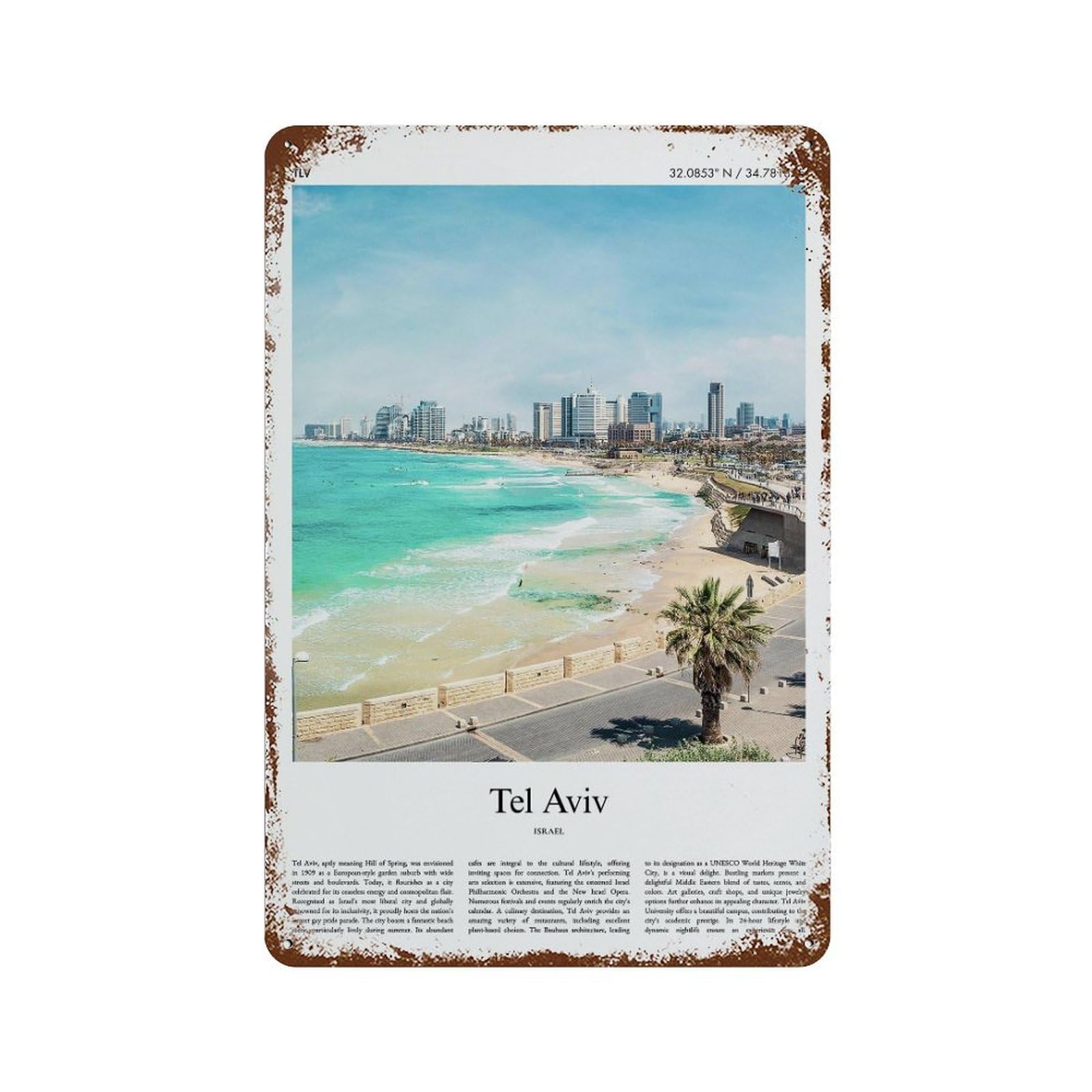 xiaoxiaoshen Tel Aviv Israel City Scenery Wall Decor Art Metal Tin Poster Modern Home Decor Art Home Bar Shop Decorations Vintage Sign 30x20cm
