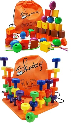 Skoolzy Juguetes para niñas y niños de 3 años - Cuentas de cordones y tablero de clavijas apilables, juguetes Montessori para niños pequeños