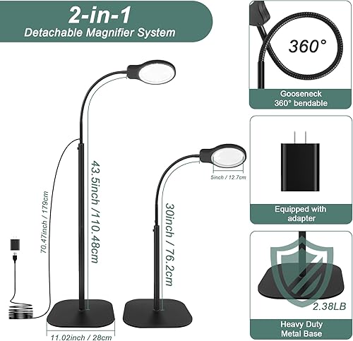 Miniatura 7 de Lupa de 10 x 30 veces con luz y soporte, lupa de piso grande para trabajo cercano, 5 modos de color, lámpara de aumento manos libres para leer,