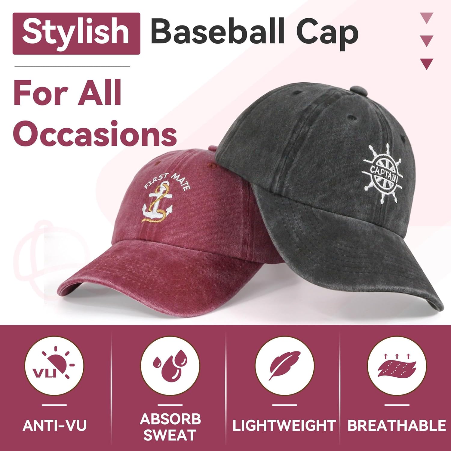 2PCS Embroidered Captain & First Mate Hats,Funny Adults Sailor Gift Men Womens Baseball Cap - Image 2