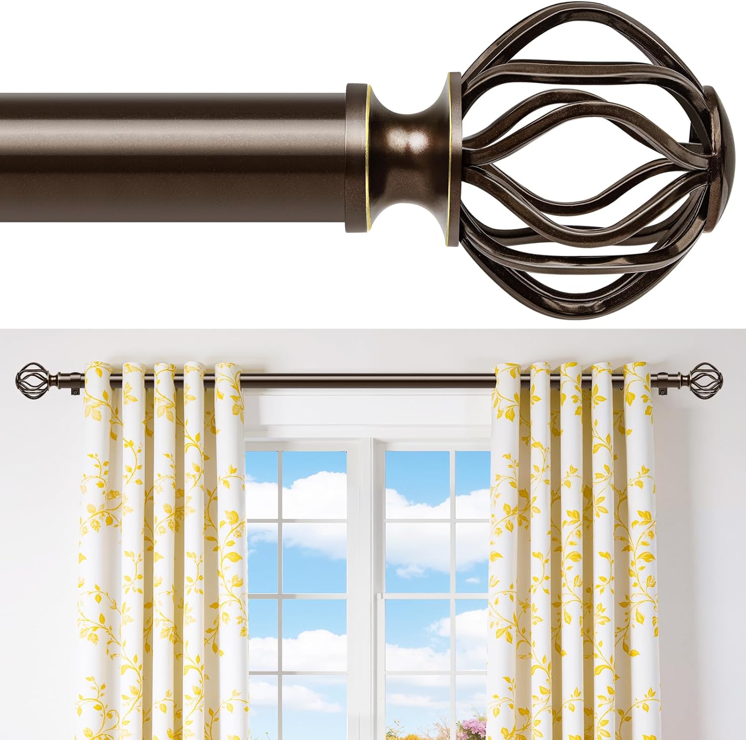 Bronze Curtain Rods for Windows 48-90Inch(4-7.5ft), Heavy Duty 1 Inch Adjustable Curtain Rod, Decorative Window Rods for Living Room, Bedroom, Dining Room & Patio