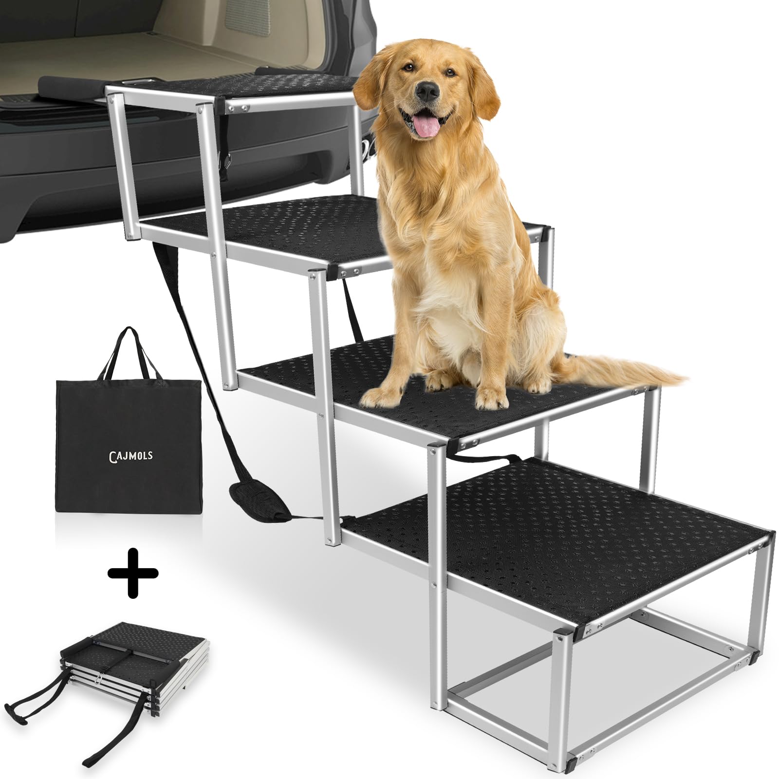 Cajmols Rampa de coche extra ancha para perros grandes, rampa plegable de aluminio para perros, rampa para perros para automóviles, camiones, SUV, rampas de superficie antideslizante para perros