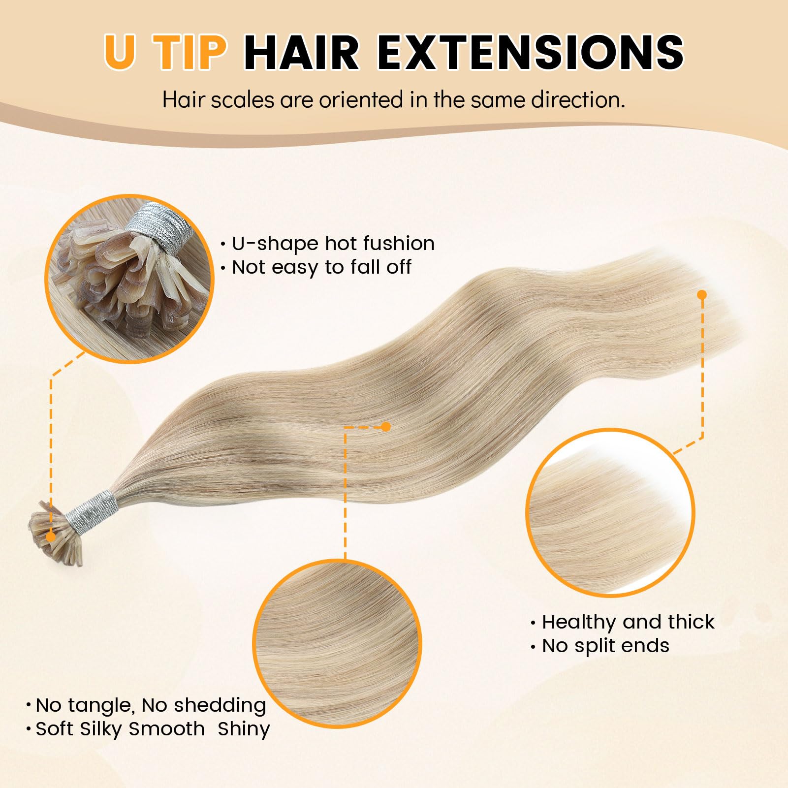 Yuniffe U Tip Real Human Hair Extensions - Hot Fusion, Remy Straight, Keratin, Ombre Honey Blonde to Medium Blonde, 20 inch, 50g/50s - Image 3