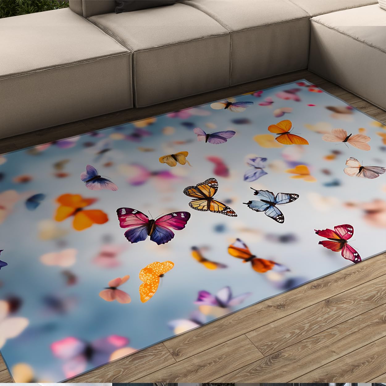 Tapis fantaisiste motif papillons floral lavable antidérapant salon chambre 160x200