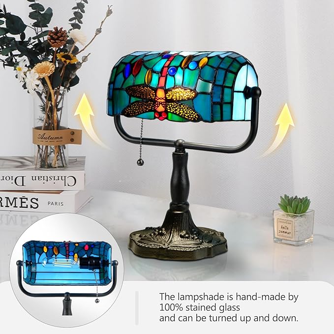 GlitzLamp Dragonfly Tiffany Style Stained Glass Banker Lamp with 10.5-inch Long Complicated Design Lampshade Resin Base for Living Room Bedside Home Decoration, Teal Green, 12.5-inch High photo 3