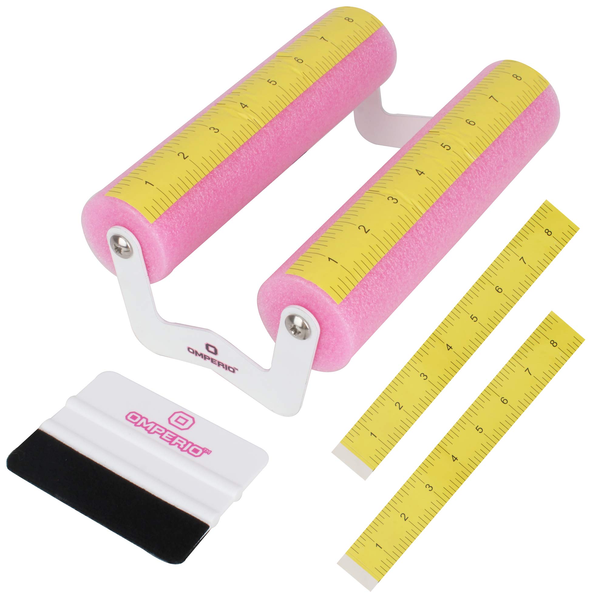 OMPERIOCup Cradle for Crafting Tumbler, Foam Cup Holder with Felt Edge Squeegee to Apply Vinyl Decals, Fully Assembled with Measurements for Cups, Bottles (White-Pink). Designed in USA by OMPERIO®