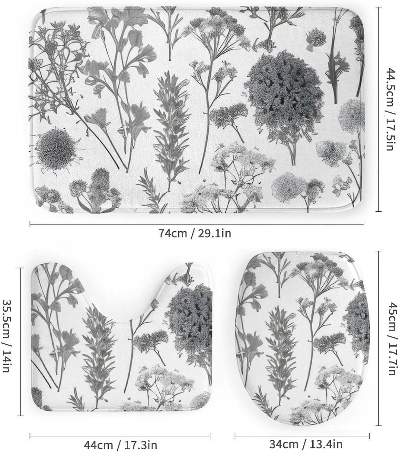 Flowering Herbs Shower Curtain Set 4 Piece, Non-Slip Bath Mat with Toilet Lid Cover and Waterproof Shower Curtain with 12 Hooks, Complete Bathroom Set for Home Decor