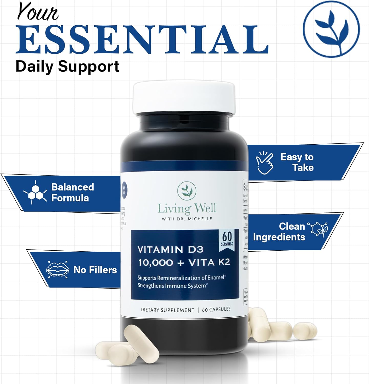 Living Well with Dr. Michelle Vitamin D3 10,000 IU with K2 – Immune, Teeth, Bone Health Support, Non-GMO, Gluten & Dairy Free, 60 Day Supply, 60 Capsules