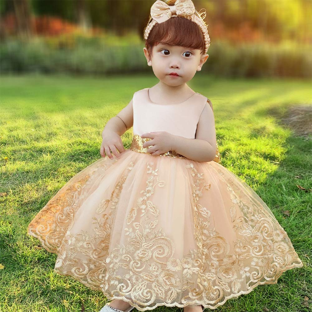 FYMNSI Baby Mädchen Geburtstag Partykleid Taufkleid Rückenfrei Stickerei Ärmellos Abendkleid Formal Festkleid mit Stirnband
