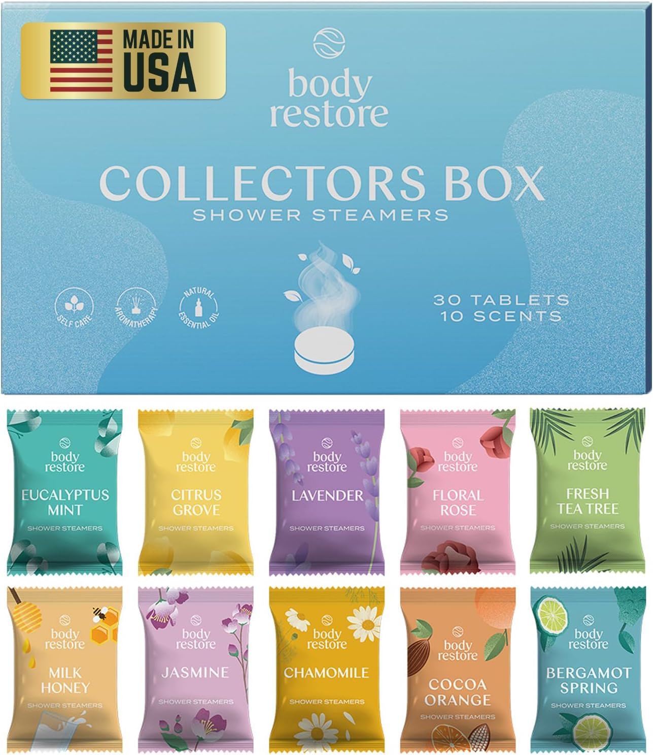Body Restore Shower Steamers Aromatherapy 30 Pack - Christmas Stocking Stuffers for Men, Birthday Gifts for Women, White Elephant, Relaxation, Self Care, Bath Bombs - Collector’s Box