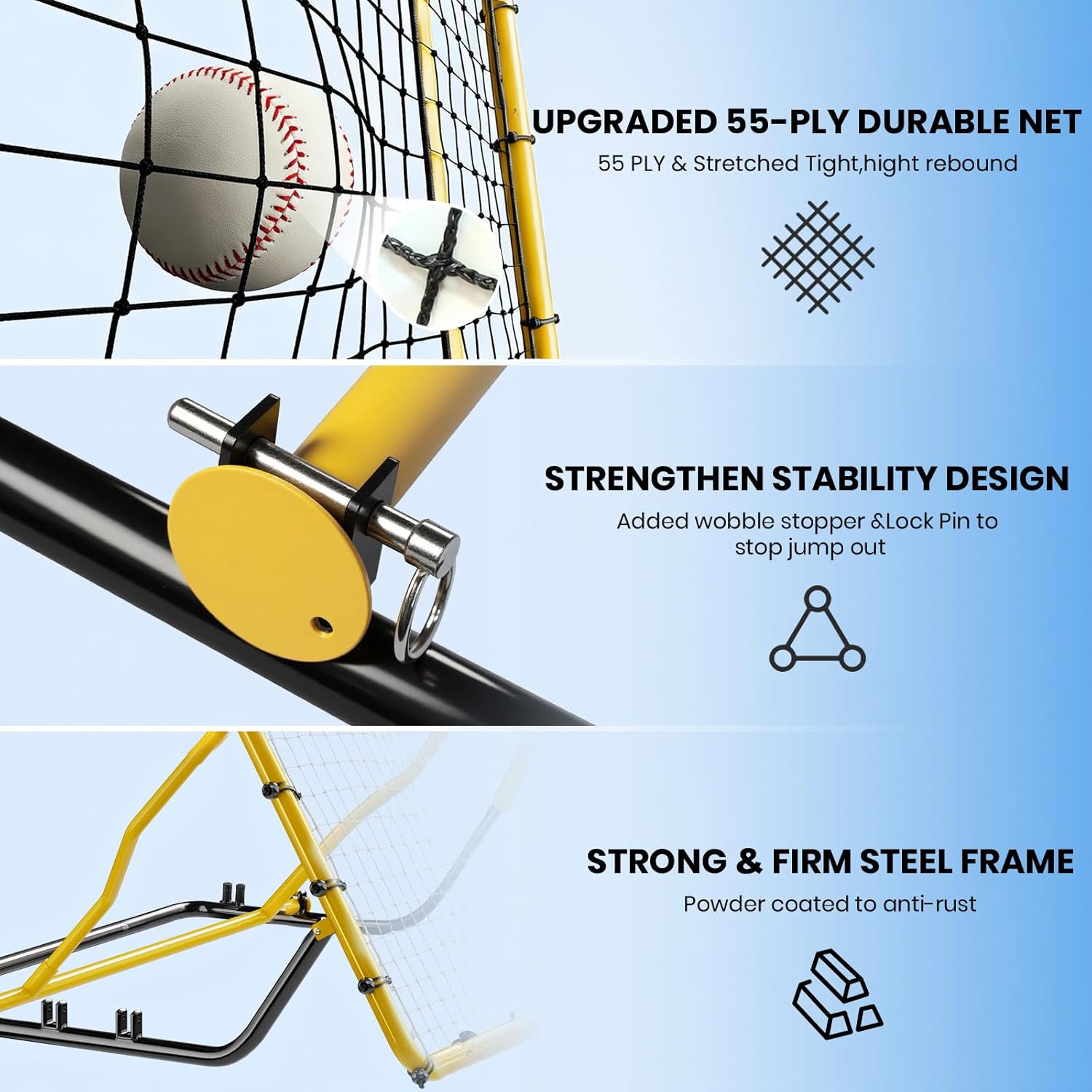 Baseball Rebounder Net,4x4.5FT Multi-Sport Pitch Back Rebounder Steel Frame with 4 Adjustable Angles, 40pcs Bungees Soccer, Volleyball&Lacrosse Trainer for Solo Fielding