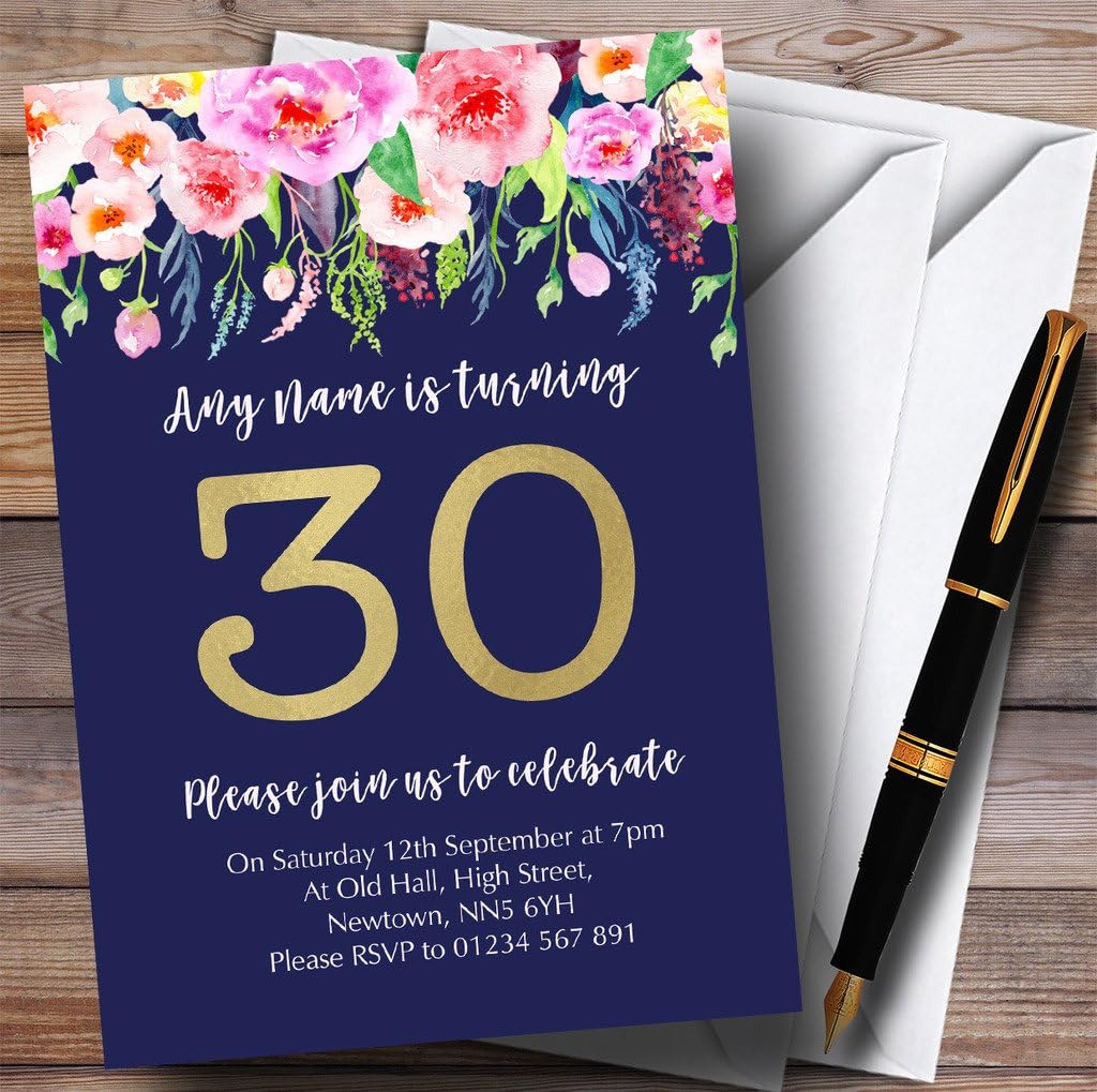 Blue & Pink Watercolour Flowers 30th Personalized Birthday Party Invitations