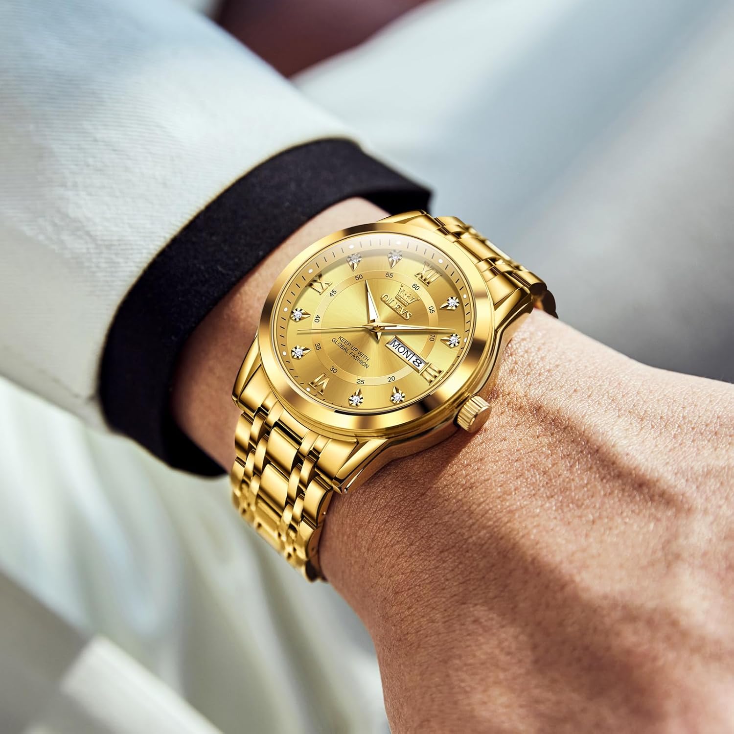 OLEVS Men's Stainless Steel Watch, Large Face Roman Numerals Diamond Accented Three-Hand Analog Quartz Watches for Men, Easy to Read Day Date Waterproof Luminous Mens Wristwatch - Image 9