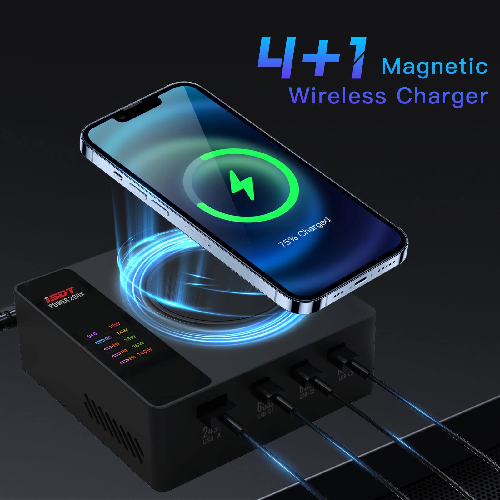ISDT Power 200 Serie, Caricabatterie da 200W, con 4 USB + 1 Caricatore Senza Fili, USB C APP, display LCD PD 3.1, Caricabatterie Rapido compatibile con iPhone, iPad, MacBook, ecc. (Power 200X)