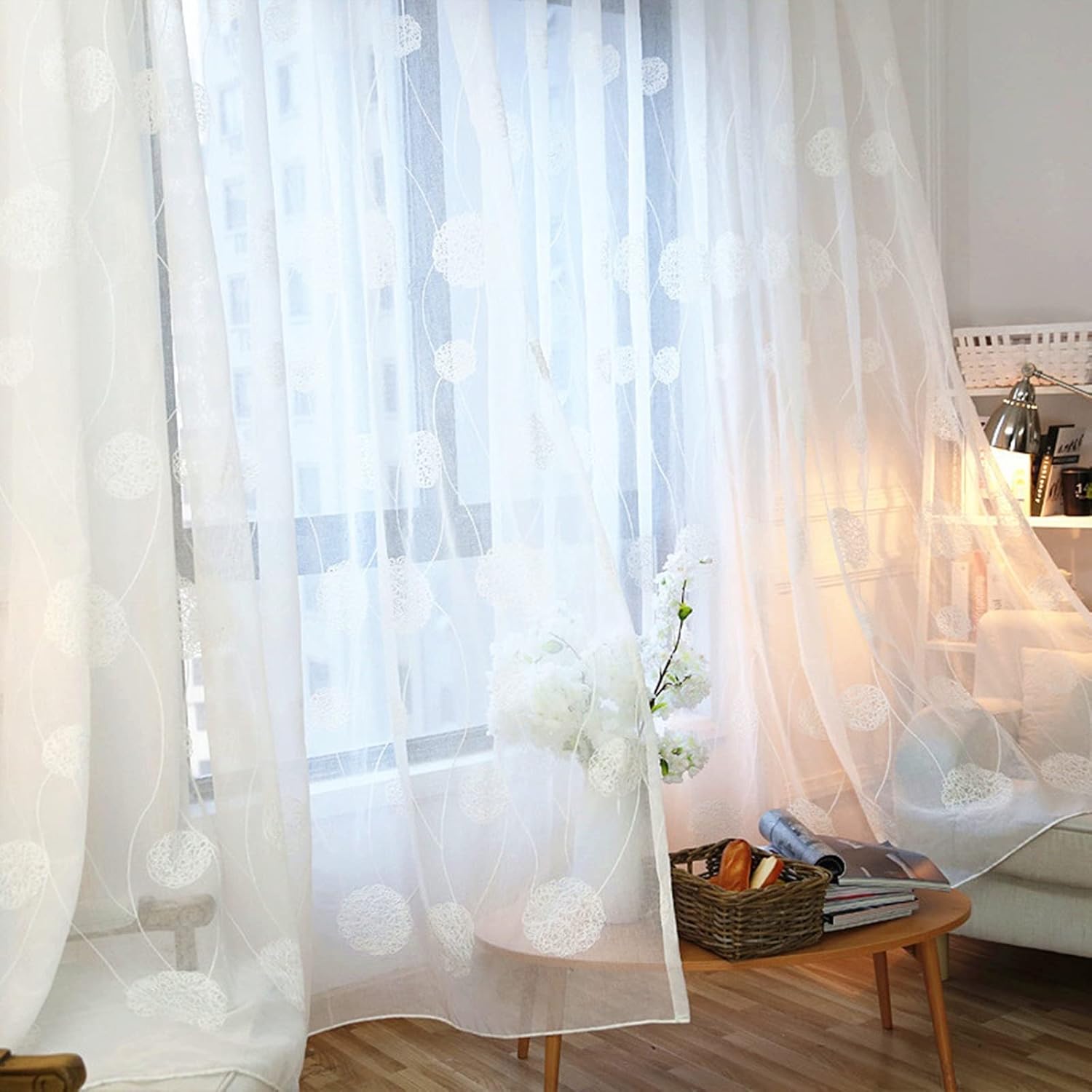 Linen Voile Blackout Eyelet Curtains 54 inch Long, Sheer Curtains 2 Panels Dandelion White Darkening Curtains for Bedroom 34" W x 54" L