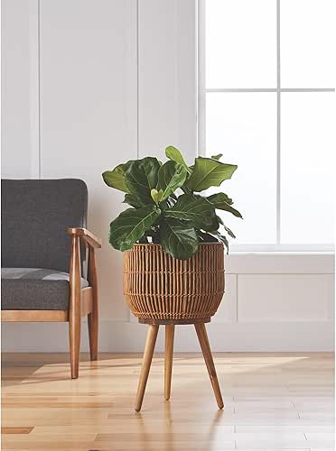 13" Round Rattan Planter with Wooden Stand, Natural Woven Rattan