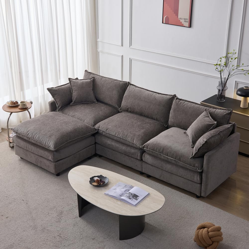 I0I&I0I Divano angolare modulare 3 posti Chaise longue Sgabello Chenille L Divano Comodo per Soggiorno Piccoli Appartamenti Lounge (Grigio + Ciniglia + 3 Seat)