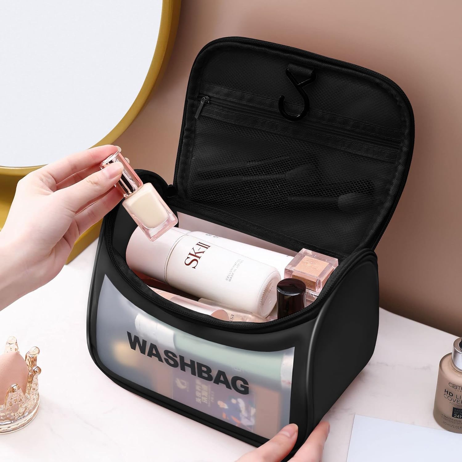 ADQIN Wash Bag Half Round (Black) with Hanging Hook - Waterproof Toiletry Bag for Travel, Makeup Organizer Pouch, Personal Care Storage Case (22 x 12 x 16 cm) 1