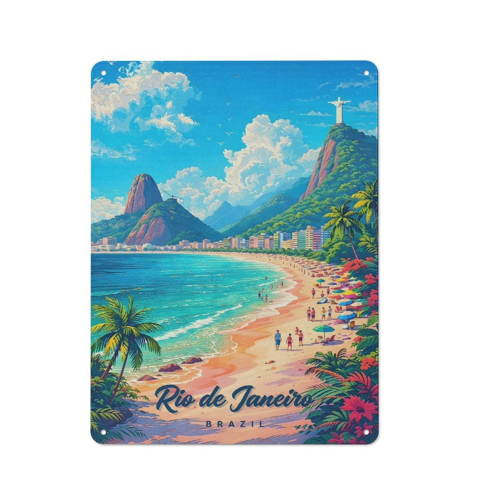 Junmoney Style-2 Retro Metal Wall Sign 40X30cm With Rio De Janeiro Beach Scene For Hallway Wall, Suited To Hallway Decor Lovers