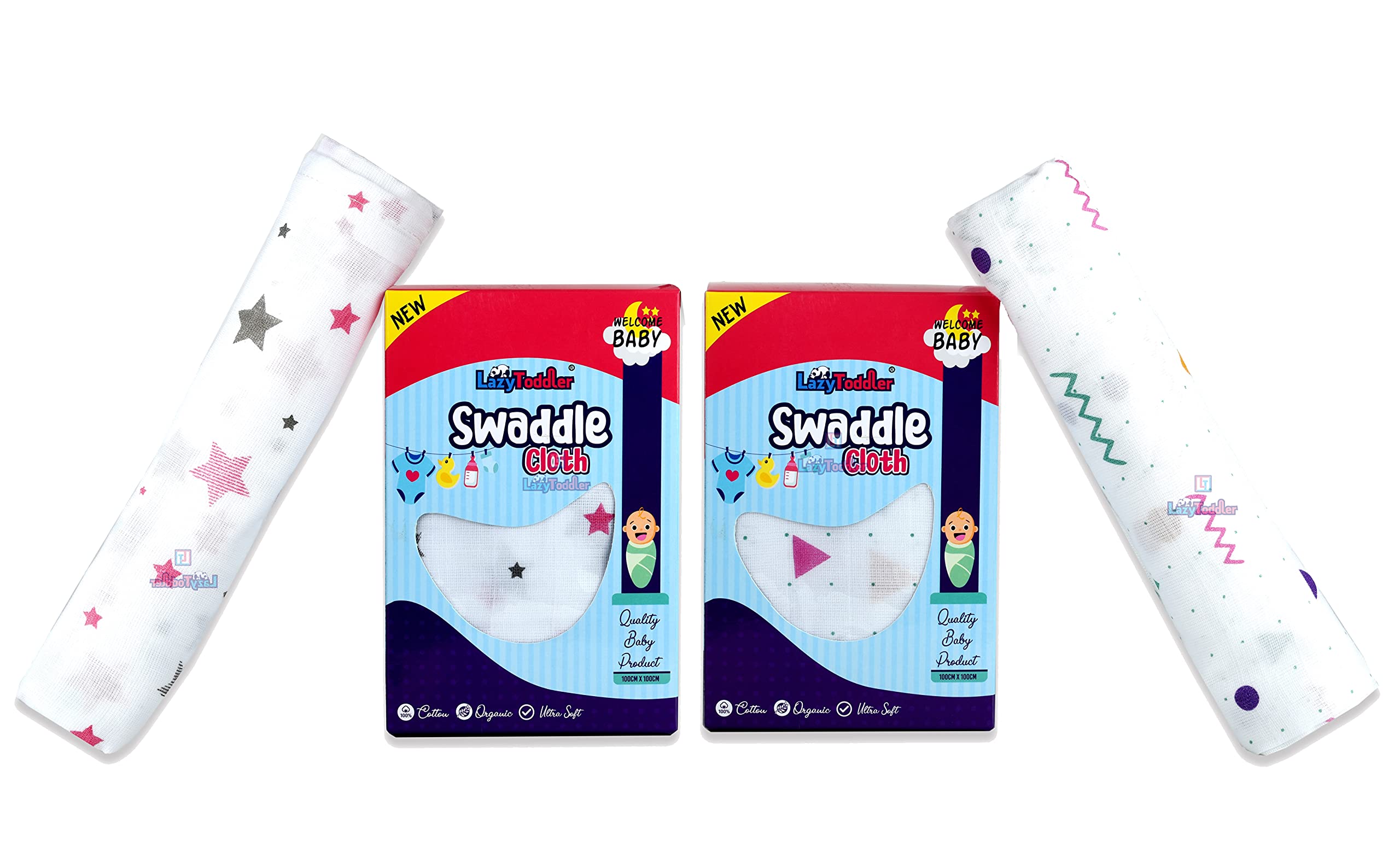 LazyToddler Organic Cotton Soft Muslin Swaddle Wrap Used as Baby Wash Cloth, Burp Cloth, Stroller Cover, Nursing Cover (Large Size 100 cm x 100 cm, Set of 2, Pink)