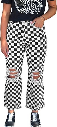 Ladies Sexy Long Pants Trendy Retro Black Checkerboard Print Distressed Holes Raw Edge Cropped Jeans