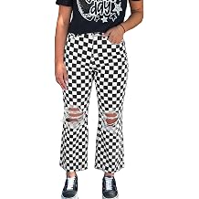 SELINK Women Western Checkerboard Print Distressed Cropped Jeans Plaid High Waisted Holes Raw Edge Shift Daily Jeans