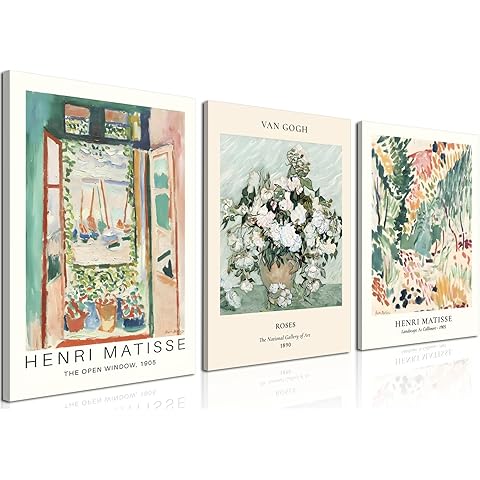 Framed Green Vintage Canvas Wall Art Set of 3 - Van Gogh Abstract Rose Pictures Wall Decor, Mid Century Modern Matisse Artwork Paintings Prints for Living Room Bedroom Bathroom 12x16 inch
