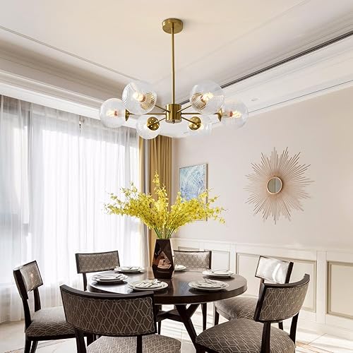 Miniatura 8 de BOKT Candelabro moderno de globo dorado de 6 luces, lámpara Sputnik de latón cepillado, lámpara de bola de burbujas de vidrio transparente, lámpara